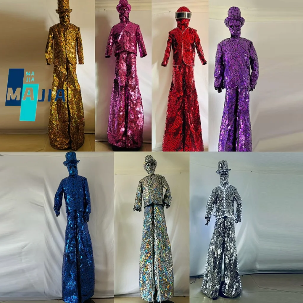 LED 스틸츠 워커 로봇 반짝이는 미러 스팽글 원단 의상 쇼 무대 공연 코스프레 의상 엔터테인먼트 레이브 파티용