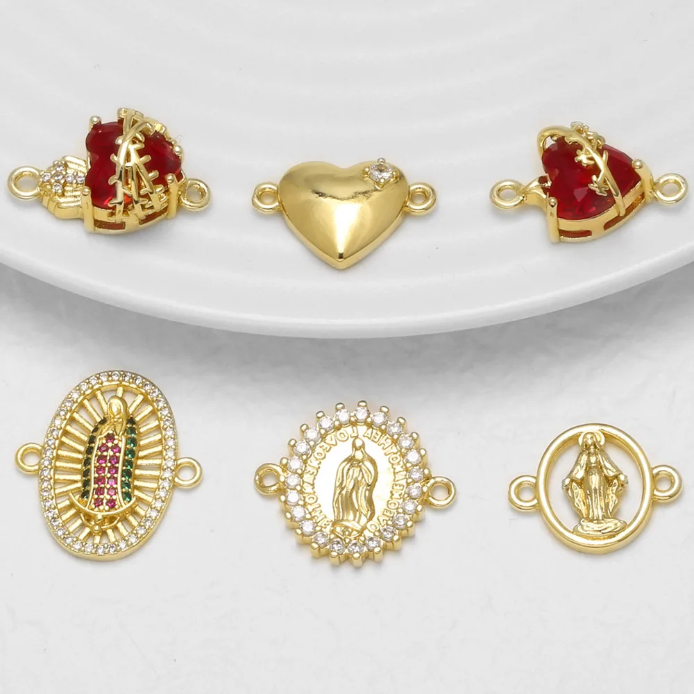 OCESRIO Virgin Mary CZ Red Heart Sacred Heart Charm for Bracelet Copper Gold Plated Connector Jewelry Making Component chma675