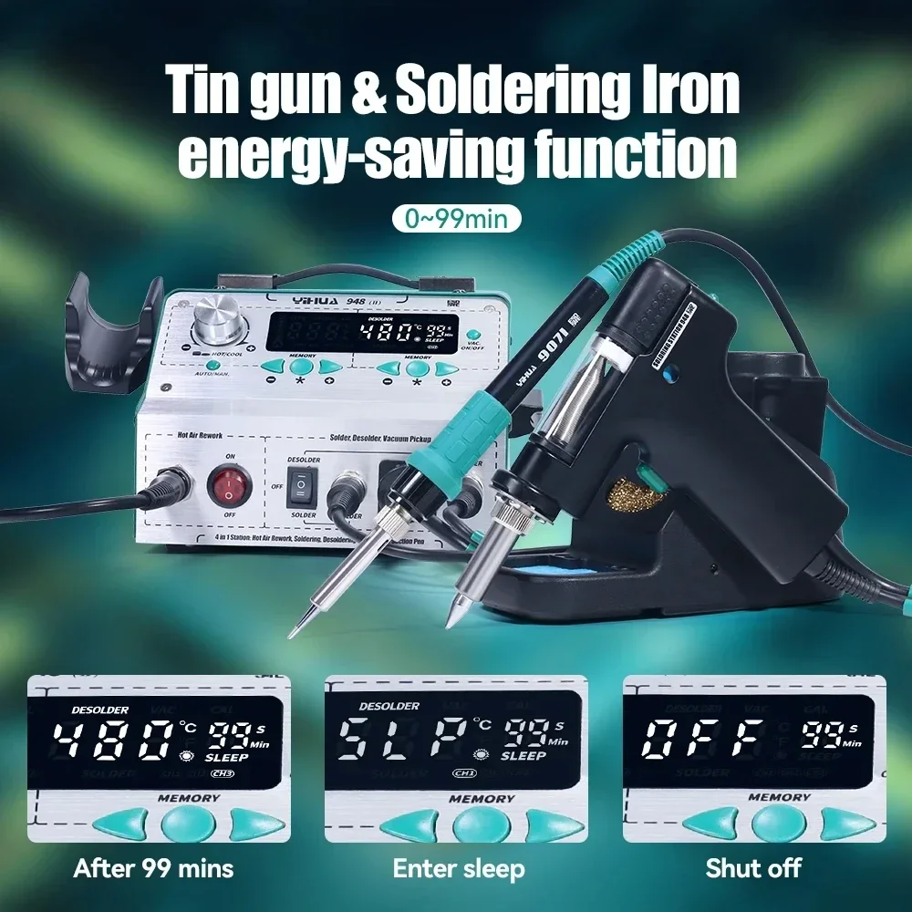 

Brand New YIHUA 948-II 4 in 1 Rework Station Tin Suction Device Solder Iron Hot Air Gun Desoldering Station