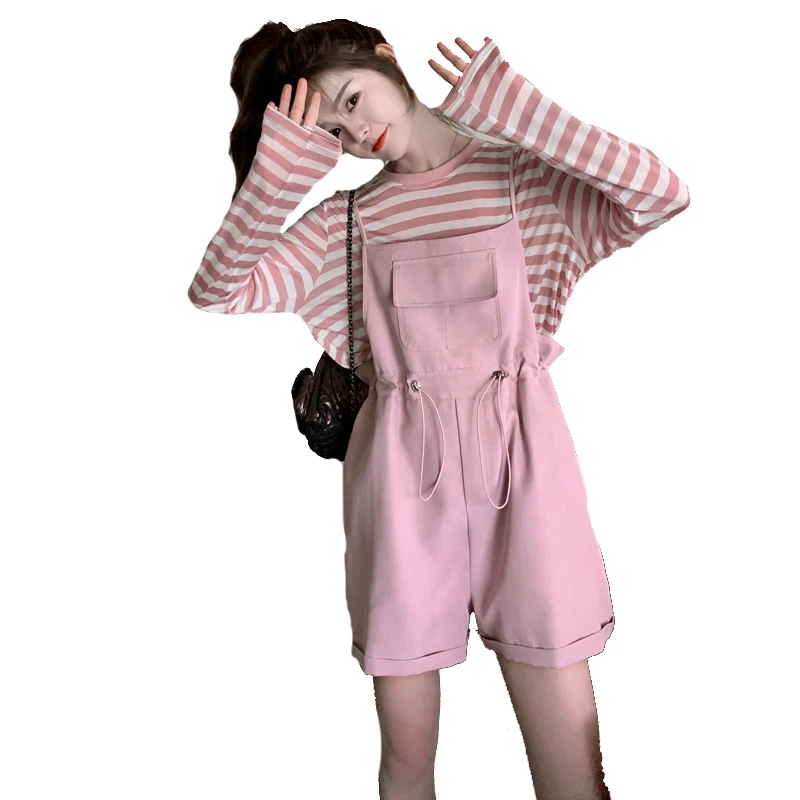 Elegancki zestaw: koszulka w paski i ogrodniczki damskie, styl uniwersytecki, letni nowy model, wzór kaktusa, spodnie jednoczęściowe, wysoki stan lub...