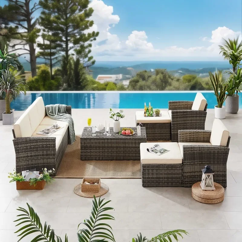 6 Pieces Wicker Patio Furniture Sets PE Rattan Sectional Sofa with Storage Table and Anti-Slip Cushions and Waterproof Covers