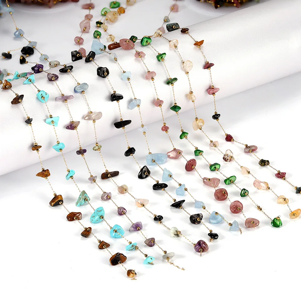 1m/ PCS Vacation Style Stainless Steel Color Preserving Natural Stone chain, multi-color Crystal Crushed Stone Accessories