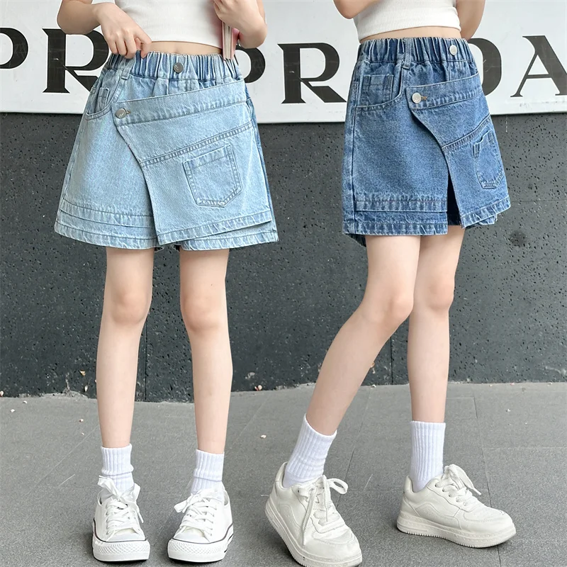 Kids Fashion Summer Denim Shorts Under The Skirt With Buttons for Teenage Girls Casual Mini Short Jeans Skirt 3 Color Pantskirt