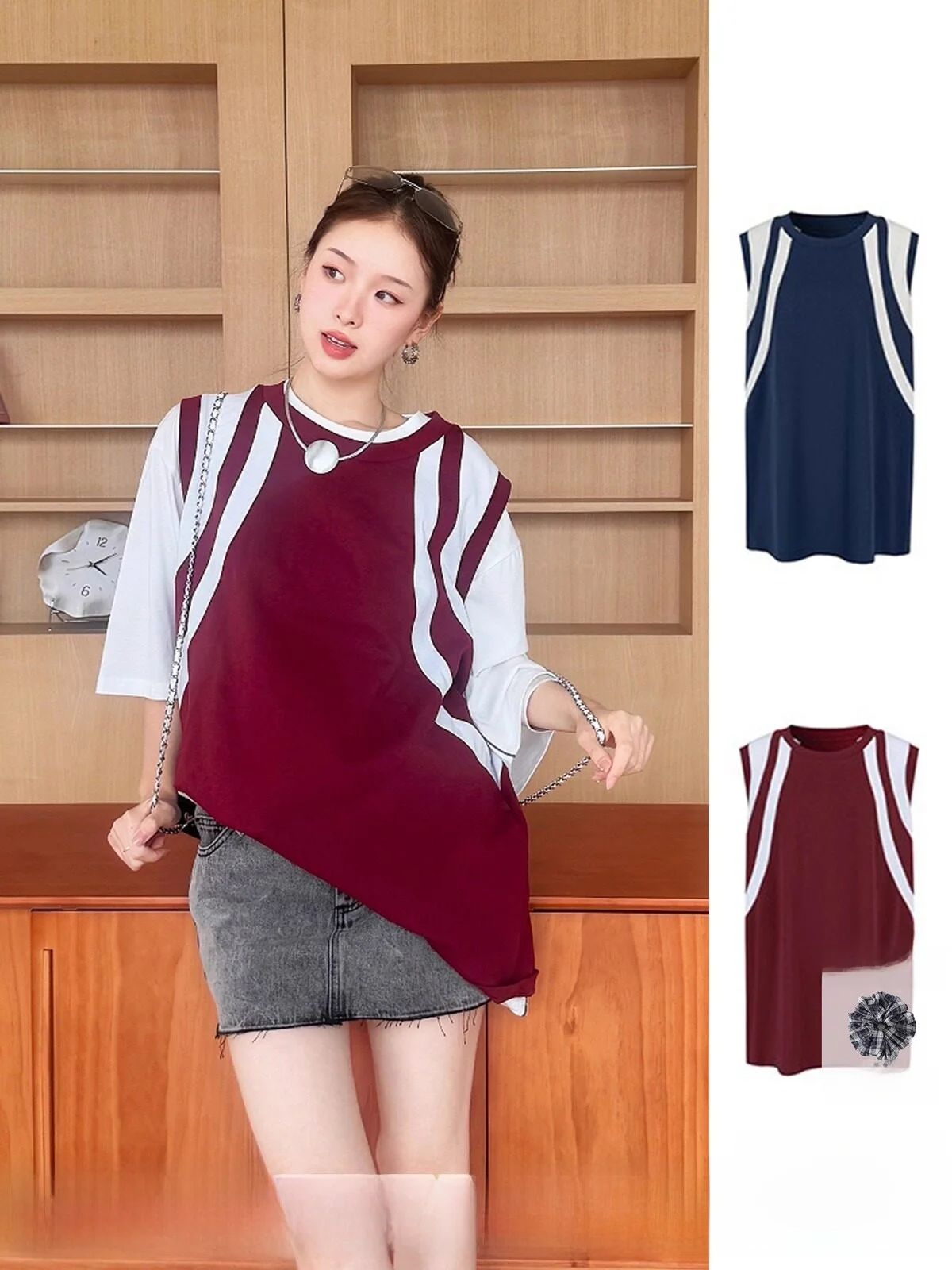 

Brand round Ne Splice Color Blo Vest Buy Hand Store DEARSOCUTE Commute Sle Loose Fit Cotton Women's Vest