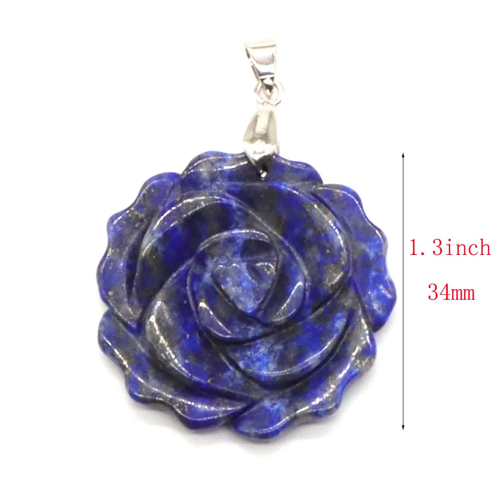 35mm Natural Gems Carved Rose Flower Center Stone Amethyst Crystals Reiki Healing Quartz Pendant Bead Jewellery Charms Necklace