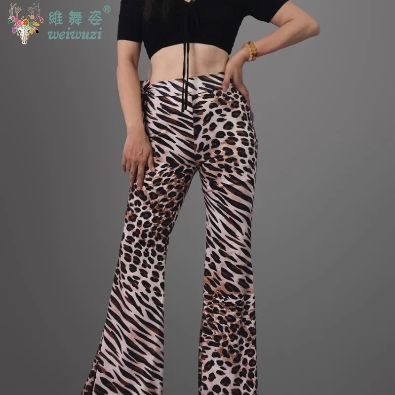 Pantalon d'entraînement de danse du ventre pour femmes, pantalon évasé à tambour, Leggings léopard Sexy, contrôle du ventre, vêtements de danse imprimés Slim