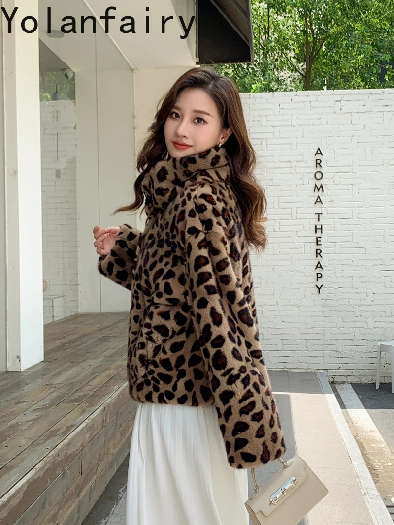 YOLANFAIRY Top Quality Mink Real Fur Coat Woman Winter Short Fashion Leopard Fur Jacket Lapel Warm Fur Coats and Jackets Abrigos