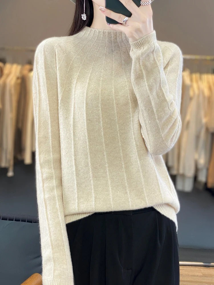 New Chic Women Sweater Autumn Winter Mock Neck Pullover 100% Merino Wool Shiny Cashmere Knitwear Korean Fashion Female Clothing