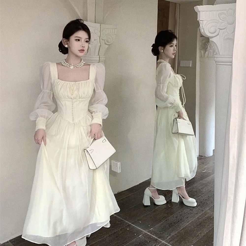 

GIOIO Square Collar Korea Garden Evening Dresses Long Sleeves Formal 프롬드레스 Floor Length Elegant Prom Gowns Party Women Bride