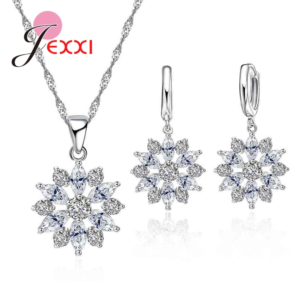 NEW 925 Sterling Silver Jewelry Sets for Women Wedding Anniversary Clear Austrian Crystal Flower Pendant Necklace Earrings