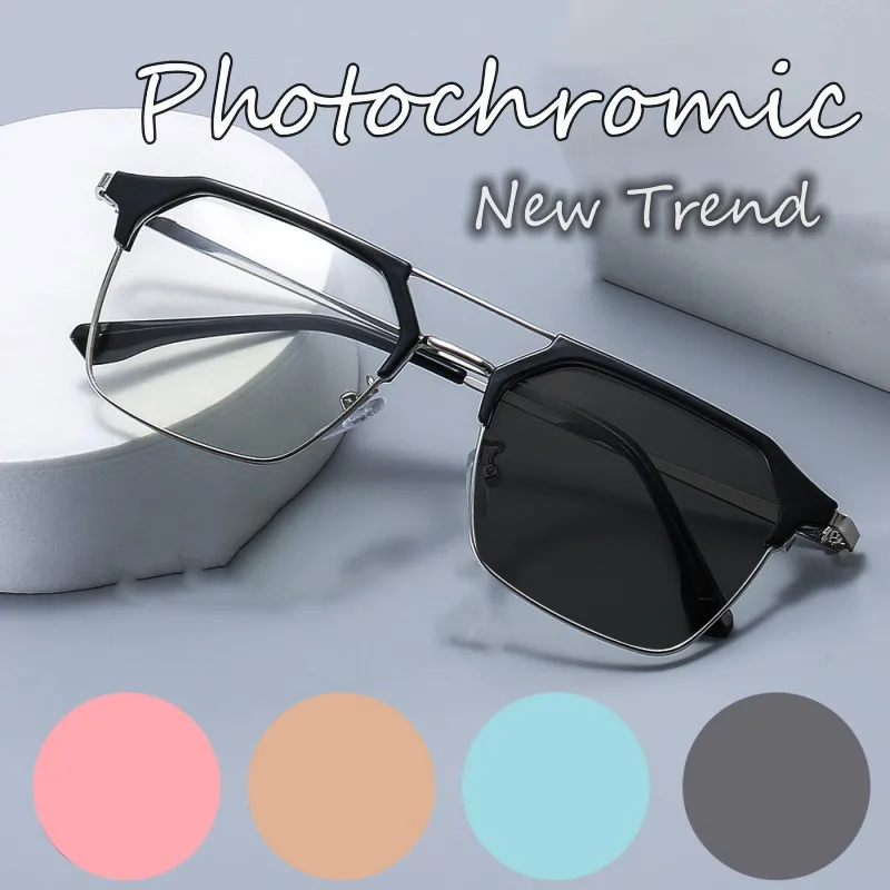 

New Luxury Intelligent Photochromic Glasses Double Deam Color Changing Finished Myopia Eyewear Men Women Minus Diopter 0 To -6.0