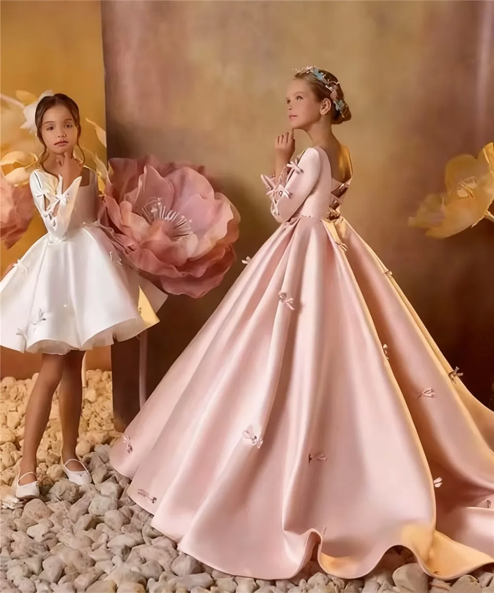 

Customized Flower Girl Wedding Dress Satin with Bow Long Sleeve For Girls Birthday Party Prom First Communion Banquet Gown