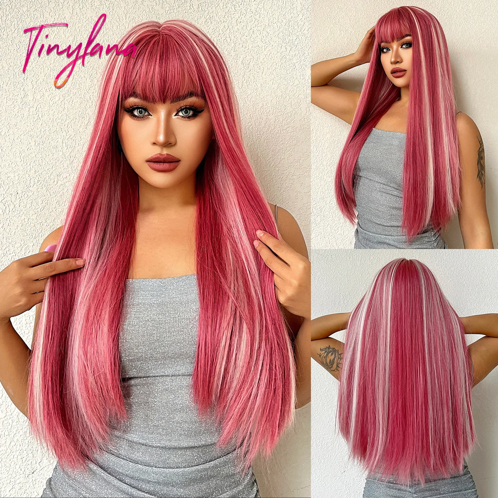 Long Straight Pink Mixed White Synthetic Wigs with Bangs Halloween Cosplay Colorful Wigs for Women Natural Hair Heat Resistant