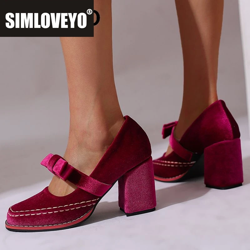 

SIMLOVEYO Дизайнерские женские туфли-лодочки с квадратным носком и блочным каблуком 8 см без шнуровки из флока с бантом, замша, большие размеры 47 48 Мягкая модная обувь для свиданий