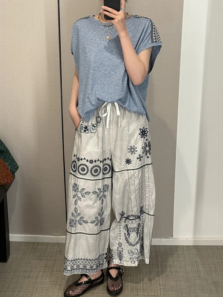 Angel Hollow out Cross Stitch Heavy Work Nine Points Pants Set with Belt mid High Waist Straight Leg Cotton Casual Pants