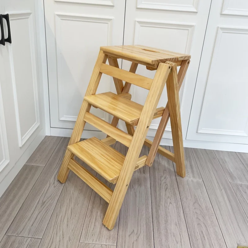 Folding 3 Tier Step Ladder Multifunction 3-in-1 Wood Kitchen Step Display Ladder and Storage Shelf for Library, Home