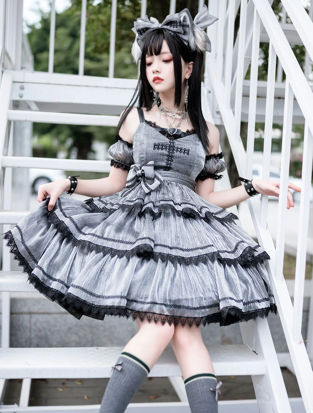 Sweet Lolita JSK Dress Grey Black Sleeveless Dark Lolita Jumper Skirt