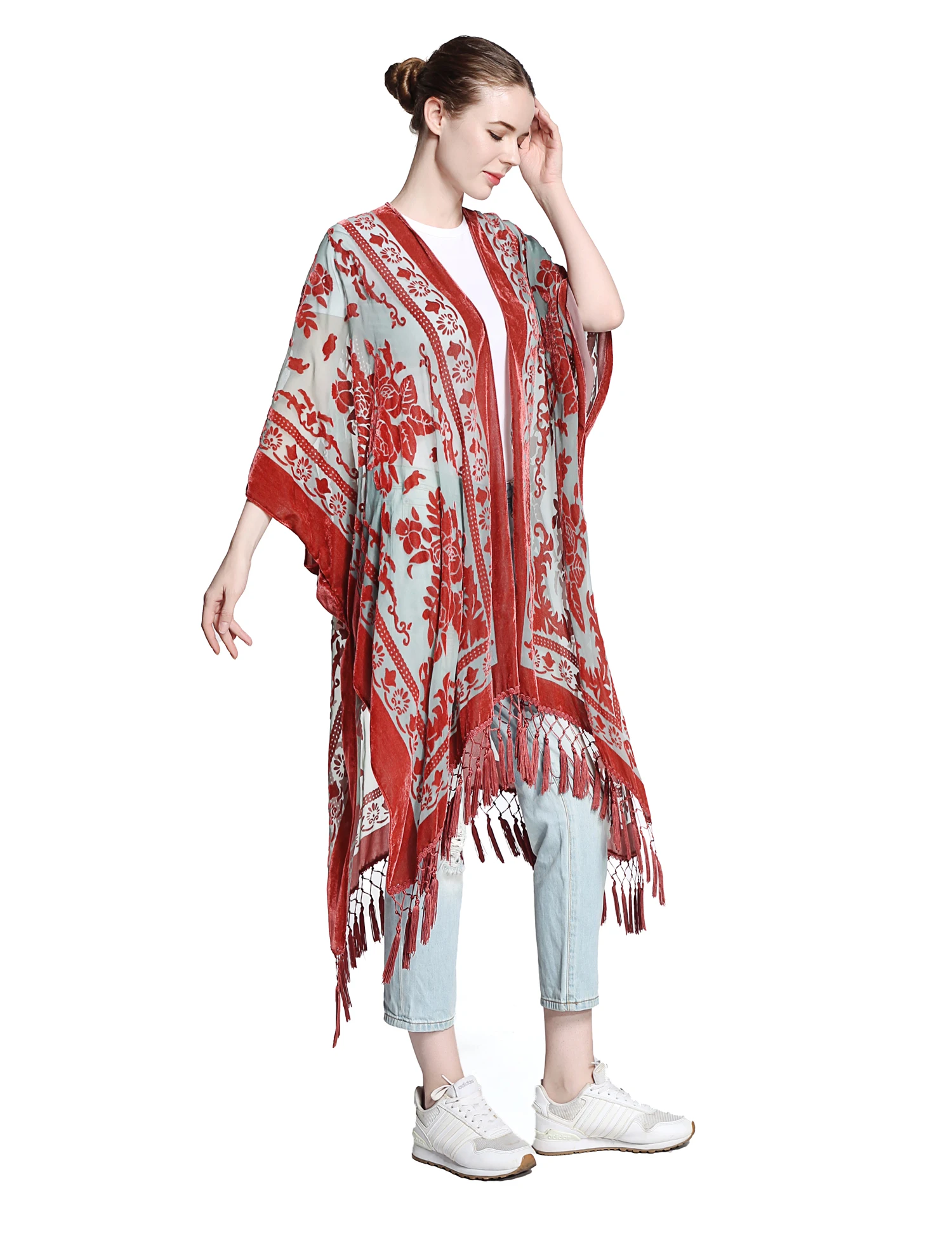 WeHello-Bohemian Long Cardigan for Women, Velvet Kimono, Bohemian Cardigan with Tassel, Beach Cover-up, Shawl JYPF-5