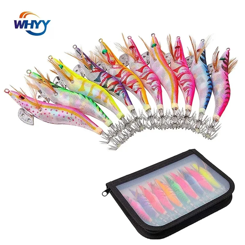 

WHYY 10Pcs/ bag Fishing Lure JIg Sinker 2.5#3#3.5# Squid Hook Jigs Sea Octopus Cuttlefish Shrimp Baits 3D Eyes Luminous Lures