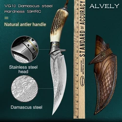 Tactical Straight Knife VG10 Damascus Steel Fixed Blade Knife Outdoor Camping Sharp Hunting Knife Rescue Knife + Leather Case