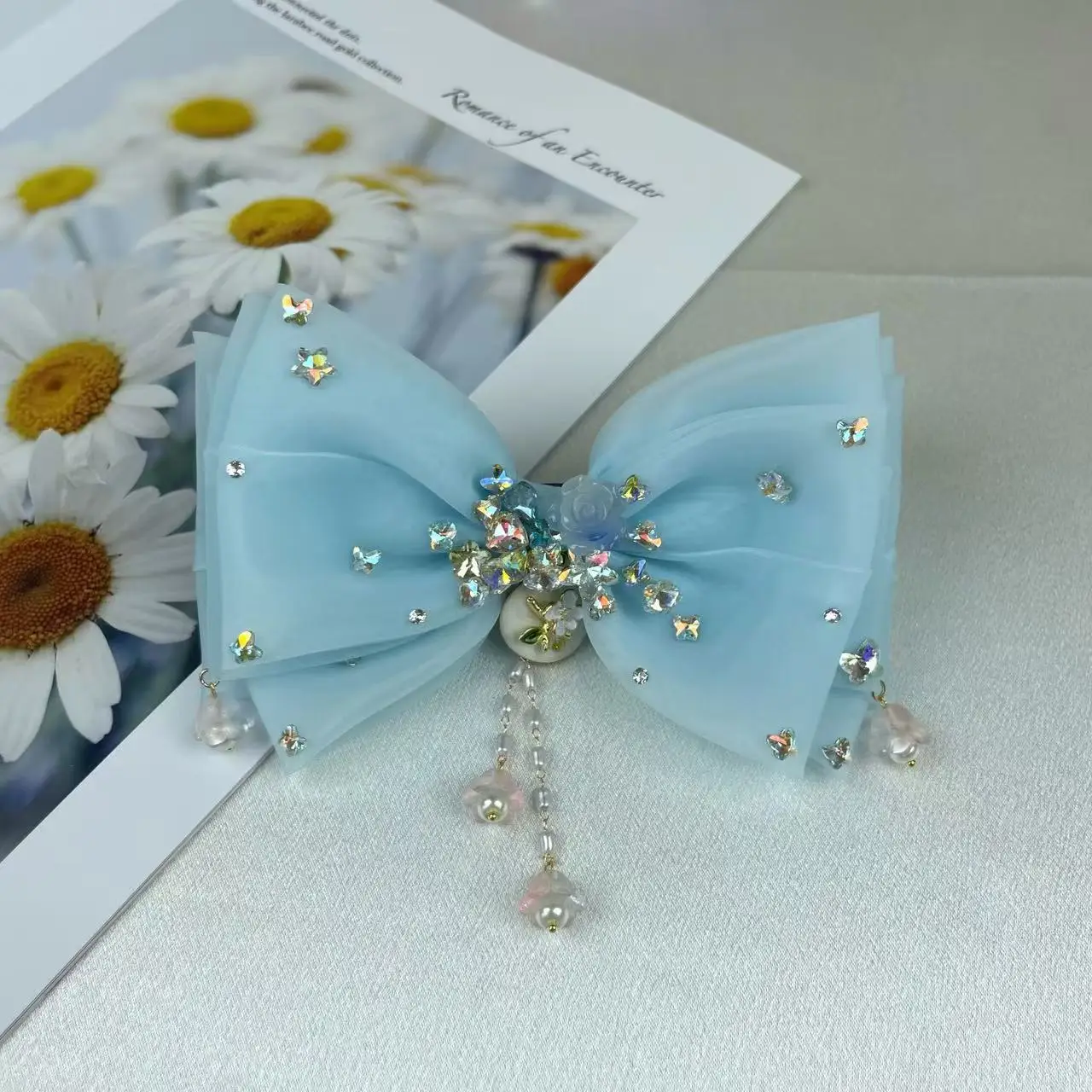 

K-Style of New Heavy Industry Four-Layer Satin Dot Diamond Hairpin Organza Tassel Bow Hair Accessories Top Clip Spring Clip