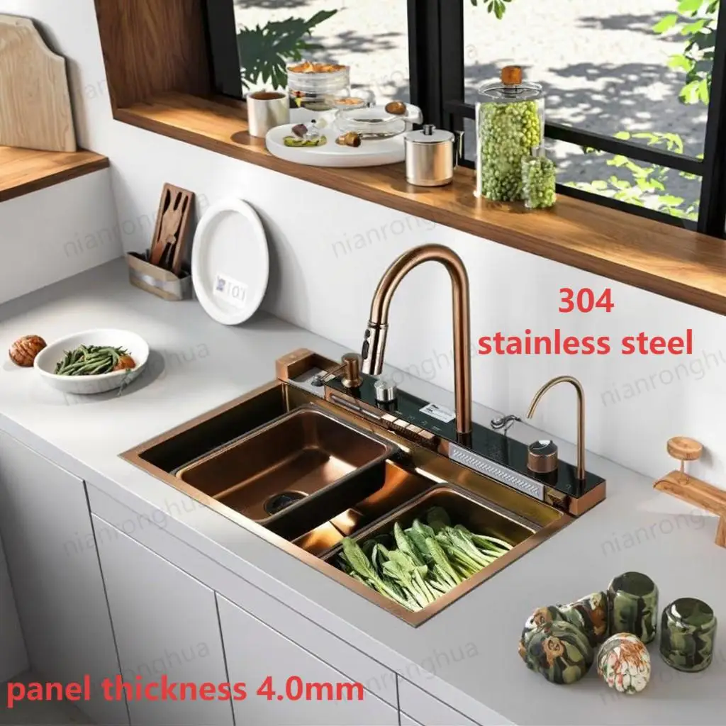 

Rose Gold Golden 304 Stainless Steel Waterfall Kitchensink Panel Thickness 4.0 mm Multi-Functional Single Bowl Washing Sink