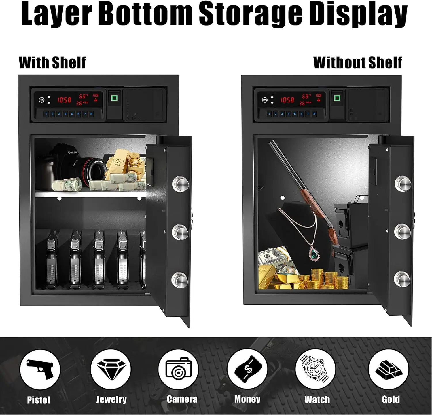 Slide-Away Pistol Handgun Quick Access Gun Drawer Safe with LCD Display of Temp,Humidity,Time,Low Battery Warning,Unlock State f