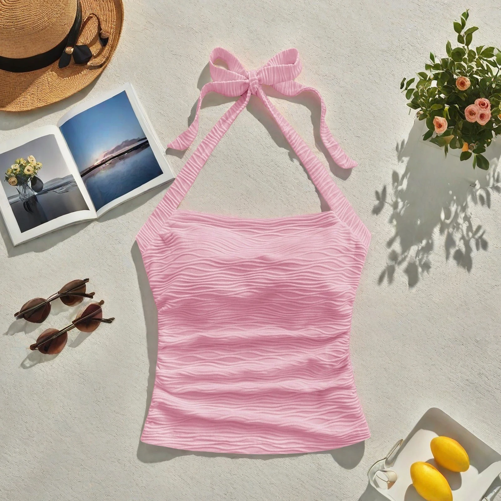 Camisetas sin mangas con cuello halter de verano para mujer, chaleco recortado sin mangas y espalda descubierta de color sólido para fiesta