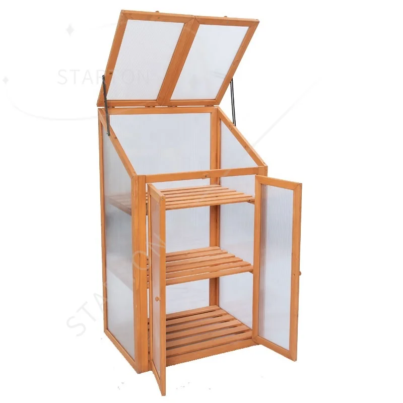 

Outdoor Mini Wooden Balcony Plastic Garden Wood Planer Gardening Plant Stand Greenhouse and Warm House with Shelf