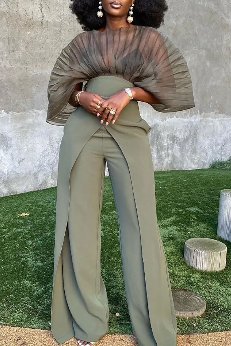 Plus Size Army Green Work Mesh Plain Tulle See-though Puff Sleeve Two Piece Pant Sets Office Lady Elegant Matching Set Outfit