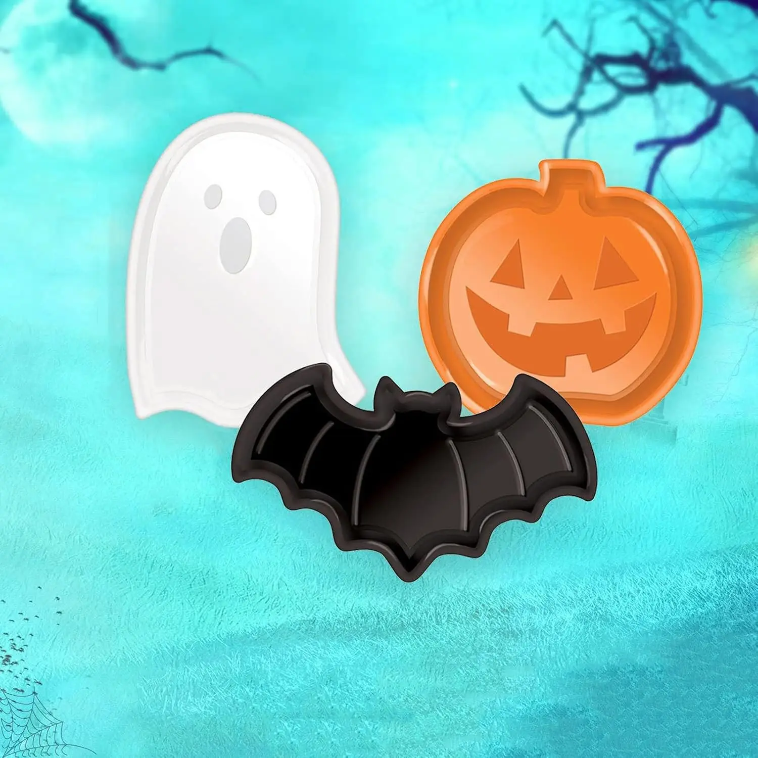 Reusable Halloween Plates Set Pumpkin Ghost Bat Serving Trays Food Grade Plastic for Snack Candy Dessert Party view 3