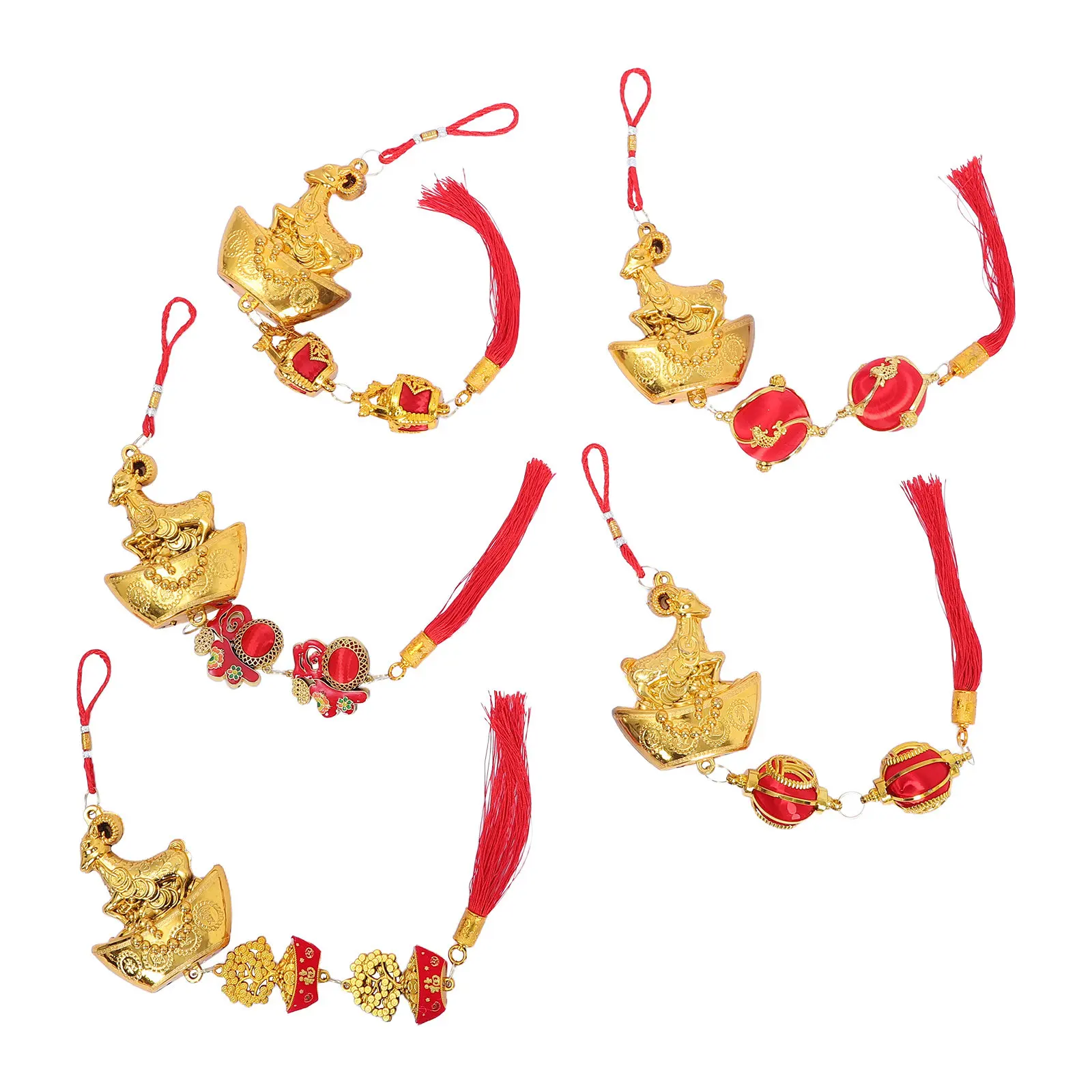 5Pcs Goat Zodiac Hanging Ornament 2027 Shiny Gold Plated Red Tassel Auspicious Feng Shui Pendant for Home Office Bonsai Door