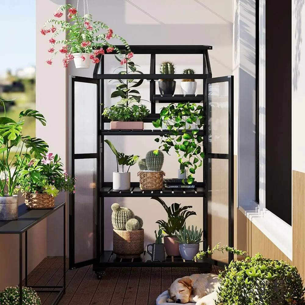 

62-Inch Tall Portable Wooden Cold Frame Greenhouse with Wheels, Openable Roof, and Adjustable Shelves for Outdoor or Indoor Gard