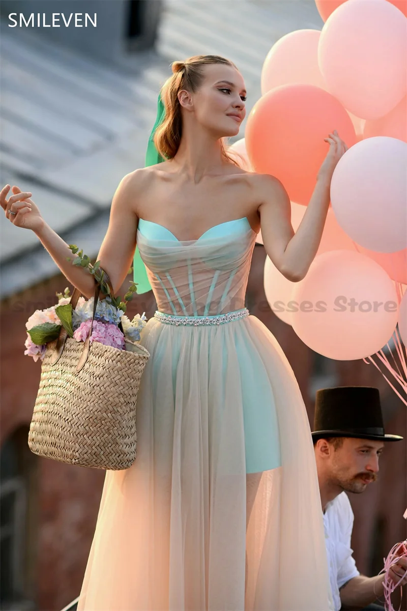 Smileven A-line Champagne Gauze Sweetheart Prom Dresses Strapless Tea-Length Applique Graduation Dresses Customized