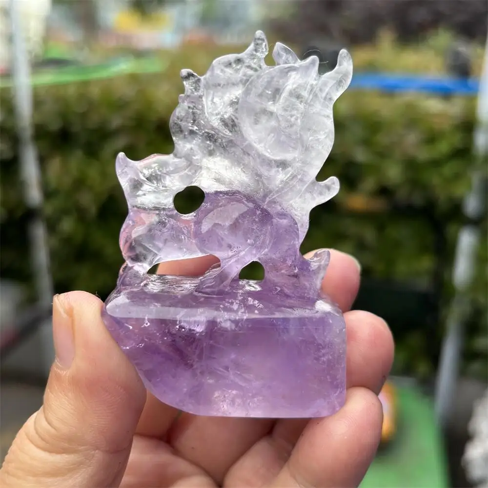 

Natural Amethyst Nine-Tailed Fox Statue Carving Healing Crystal Craft Figurine Reiki Lucky Home Decor 1pc