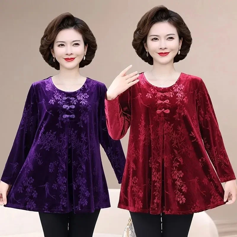 

2026 Spring Autumn New Women's Bottoming Shirt Lady Long Pullover Gold Velvet Top Middle-aged Elderly Female Loose Chinese Top