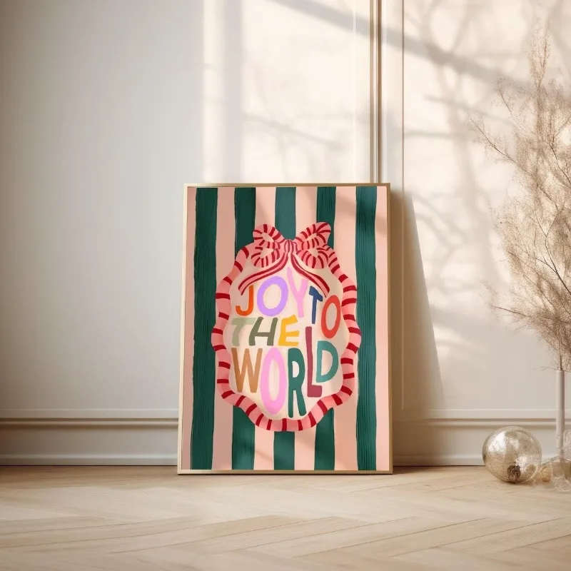 Joy To The World Candy Stripe Bow Christmas Canvas Poster Prints Frameless Wall Art Festive Holiday Cute Pastel Home Decor