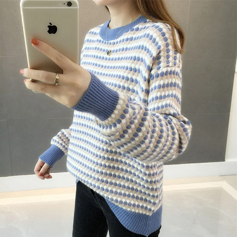 秋と冬の女性のための長袖セーターラウンドネック厚みのある韓国スタイル怠惰なプルオーバーニットベースシャツトレンディ