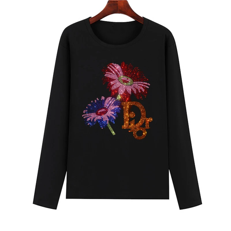 

Wholesale High Quality Rhinestone Floral Pattern Women's Long Sleeve T Shirt