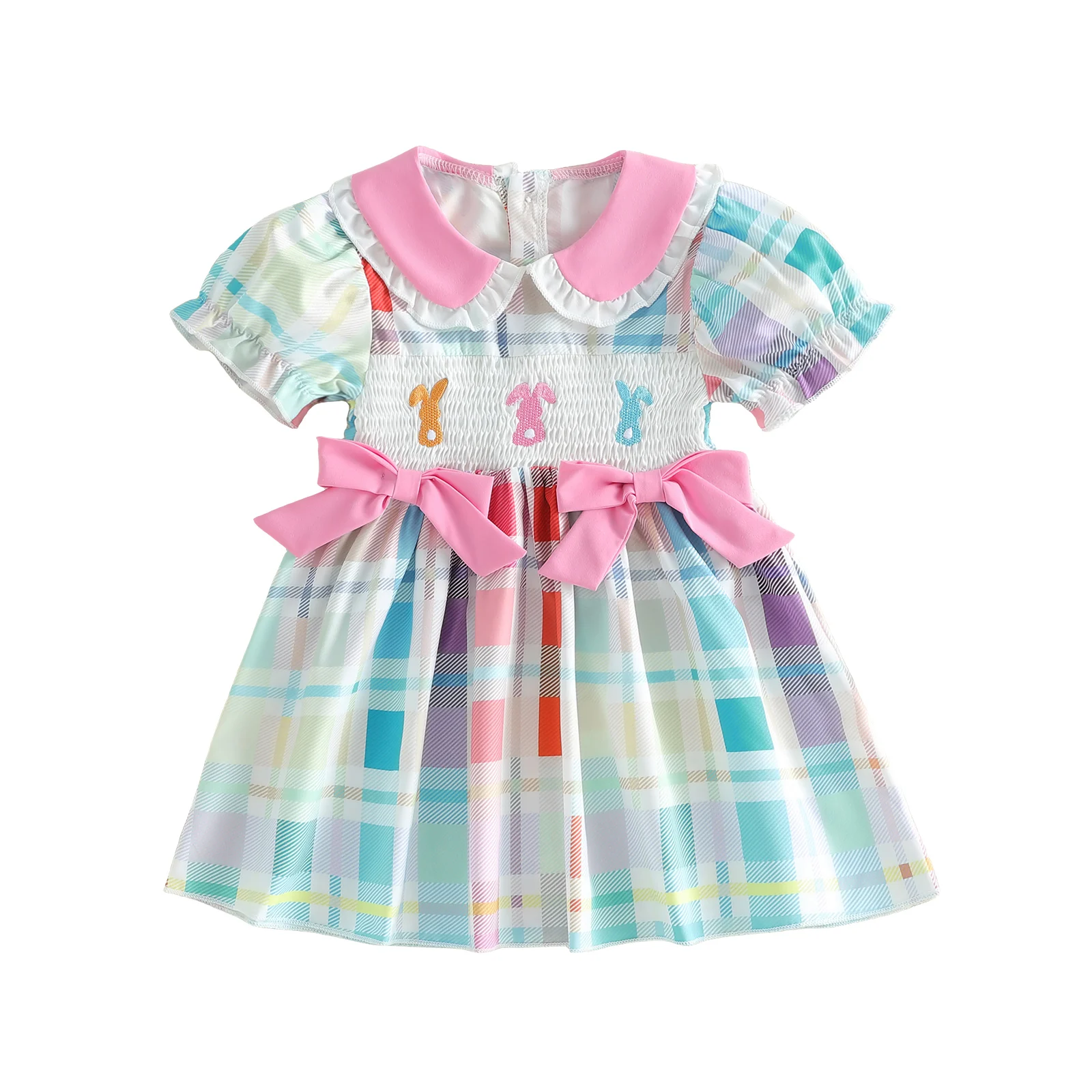 Toddler Girl Easter Dress Bunny Embroidered Colored Plaid Short Sleeve Doll Collar A-line Dresses for Summer Spring