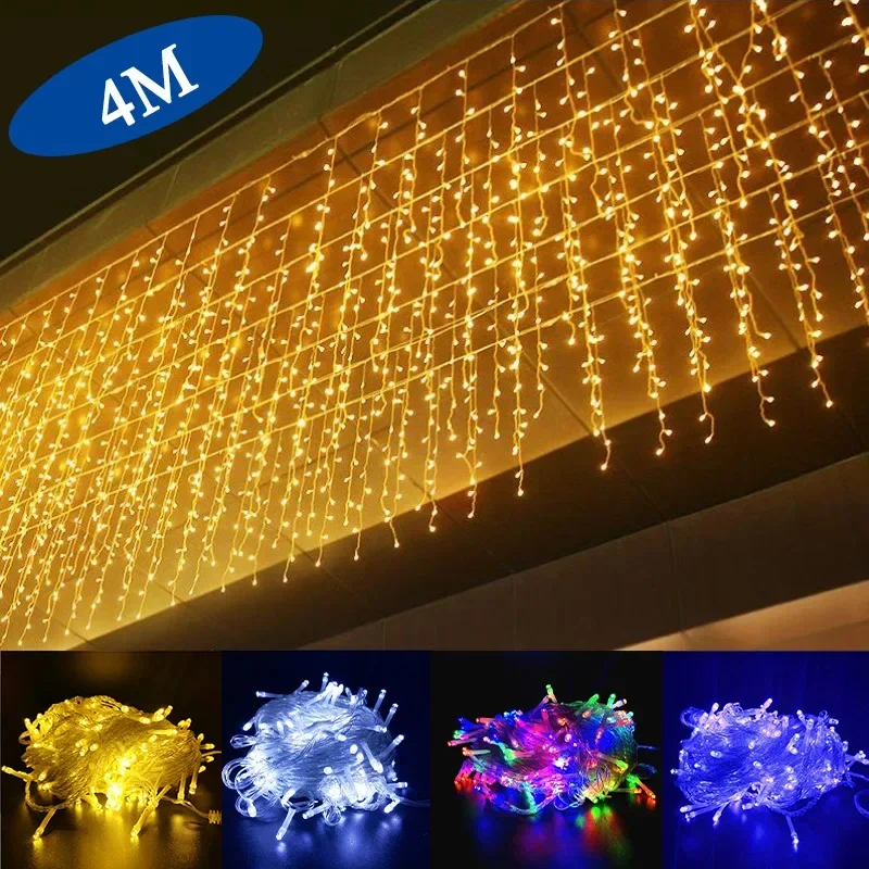 New Year 2025 4M*0.6M  Christmas Festoon Led Icicle Curtain Lights Outdoor Fairy String Light Wedding Party Decorations