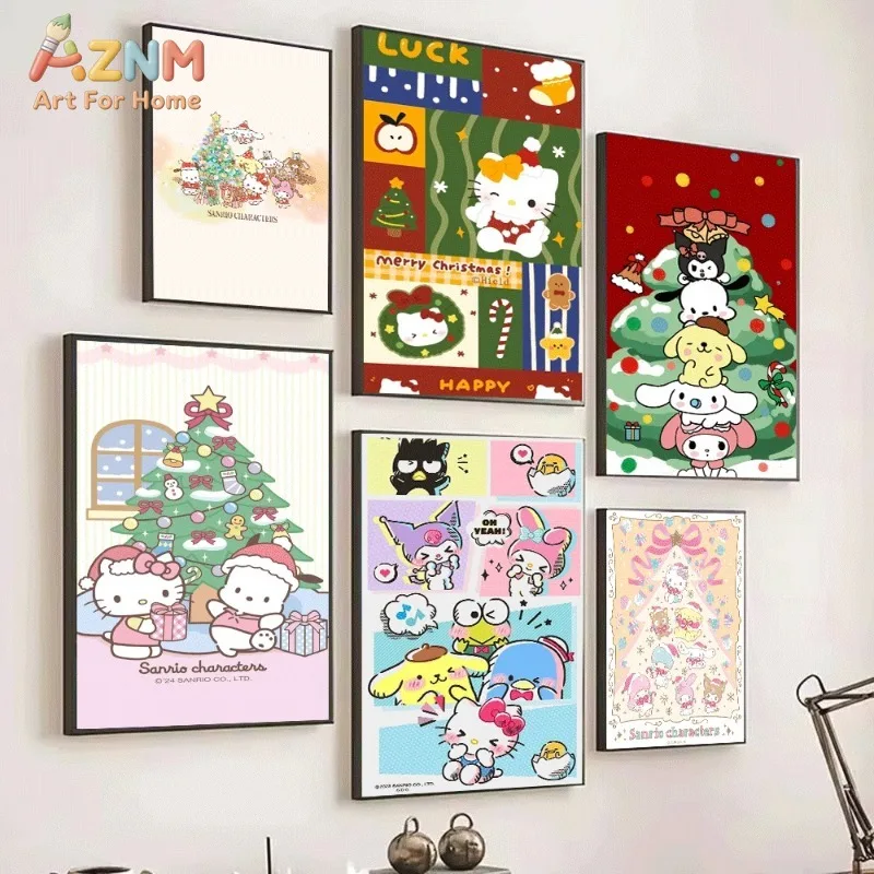 Sanrio Christmas Tree Gathering Canvas Wall Art Unframed Canvas Poster Kawaii Xmas Print for Kids Room Wall Decor Gift