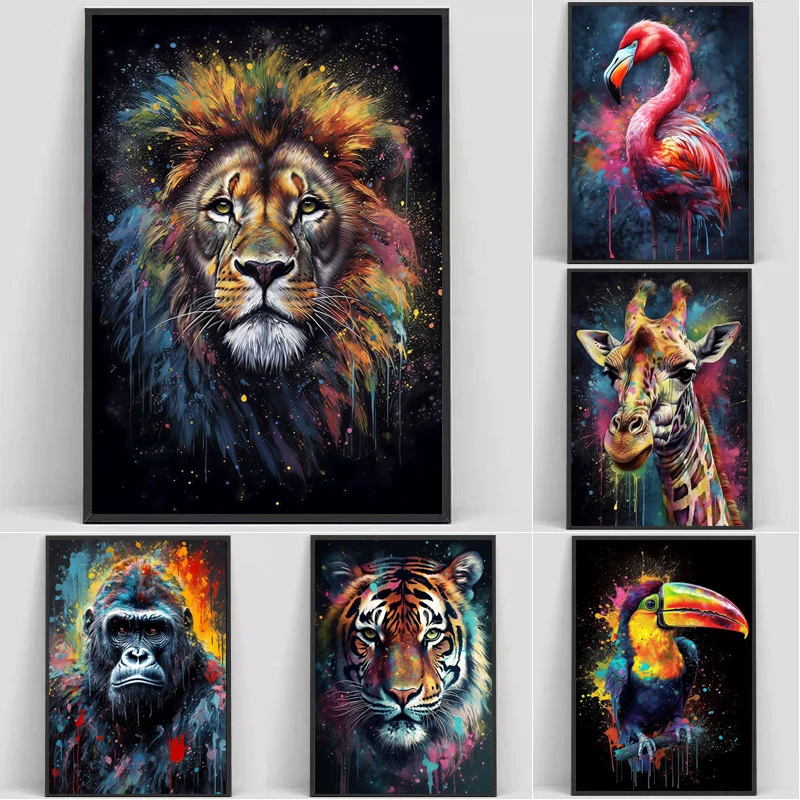 Lion Tiger Animal Portrait Poster Monkey Giraffe Canvas Painting Abstract Graffiti Wall Art Picture Living Room Decor