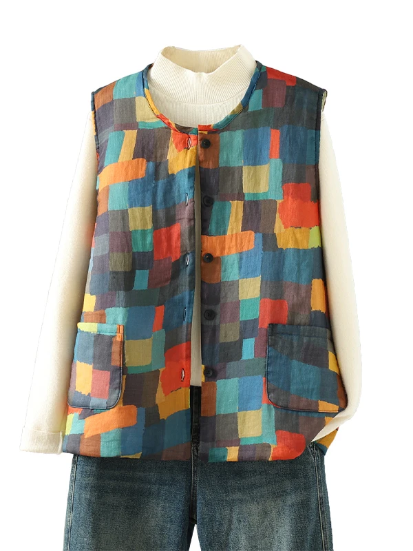 

Retro Color Blo Warm Cotton Vest ex Svel Commuter Sle Thiened Winter Collection Single Button Closure