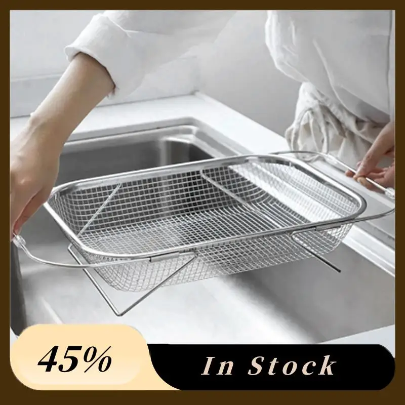 

A60Z Top Stainless Steel Retractable Drain Basket Grip Handles Oval Colander Sink Vegetables Draining Rack Home Storage Basket