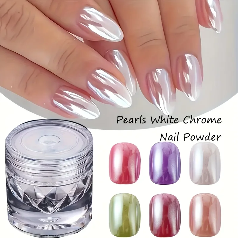 オーロラパールホワイトダイヤモンドグリッターネイル - クロムミラー仕上げ、ムーンライトホワイトグリッター、シェル型レインボーネイルに最適