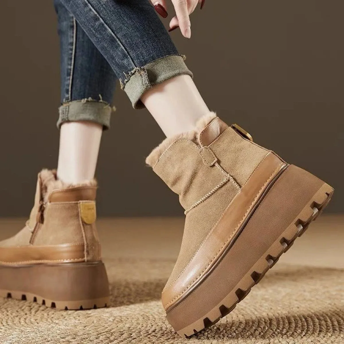 Nueva plataforma Mujer botines De nieve gamuza Desogner corto De felpa algodón tacones medios zapatos 2025 tendencia invierno cálido Botas acogedoras De Mujer