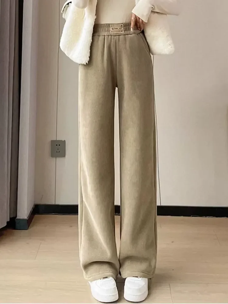 Winter Warm Thicken Lambswool Straight Pants Women Casual Elastic High Waist Fleece lined Wide Leg Pantalones Chic Baggy Calca