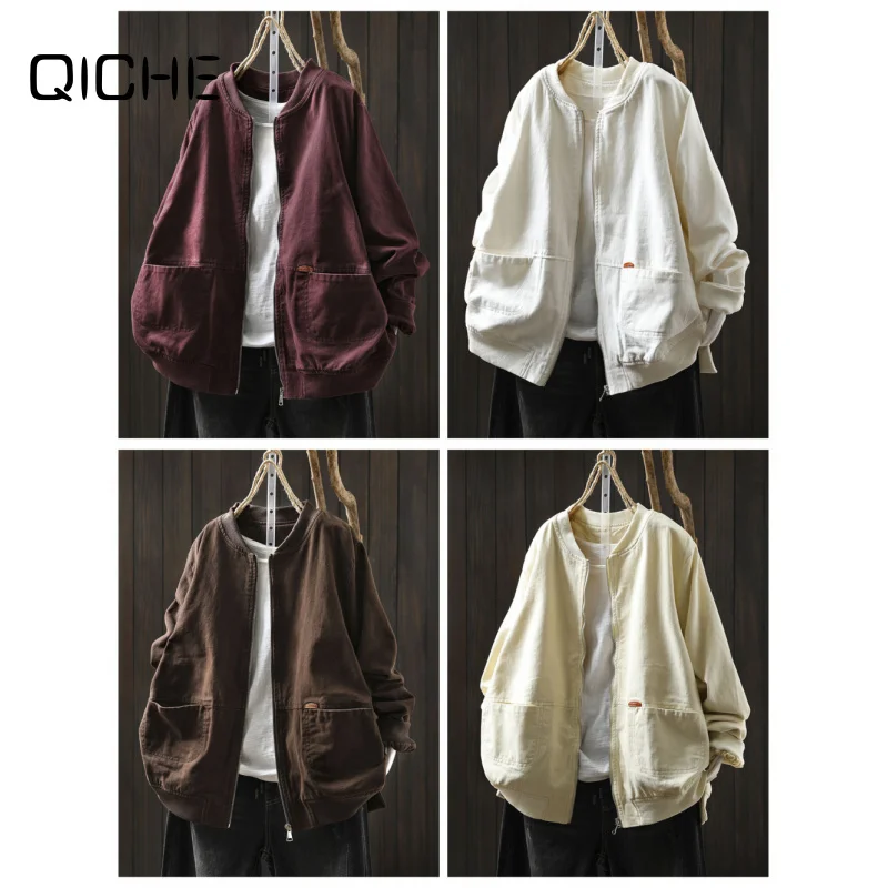 QICHE New Women 2026 Fall Korean‑Style Stand‑Collar Zip‑Up Long‑Sleeve Loose‑Fit Designer‑Pocket Casual Jacket Top