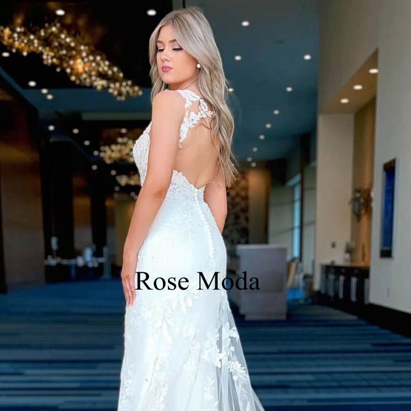 Rose Moda V-hals Mermaid Trouwjurken Met Lange Kant Trein Keyhole Back Bestemming Bruidsjurk Custom Maken